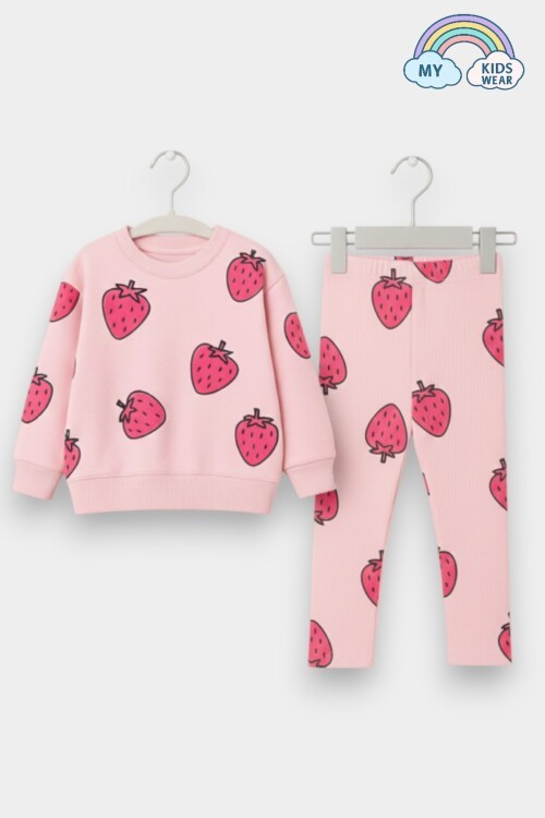 Kız Çocuk Çilek Desenli 3 İplik Şardonsuz Sweatshirt Tayt Takım 2-10 Yaş 12345