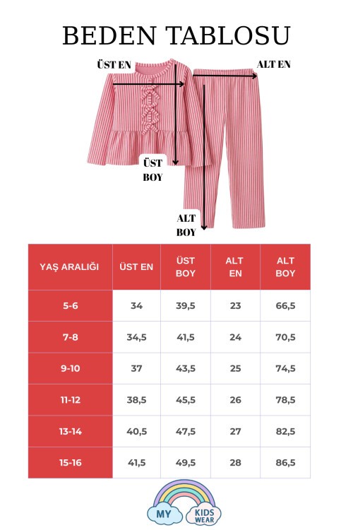 Kız Çocuk Çizgili Fırfırlı Pijama Takımı 5-16 Yaş 12044