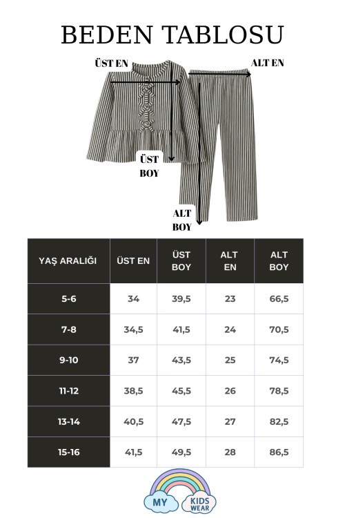 Kız Çocuk Çizgili Fırfırlı Pijama Takımı 5-16 Yaş 12046