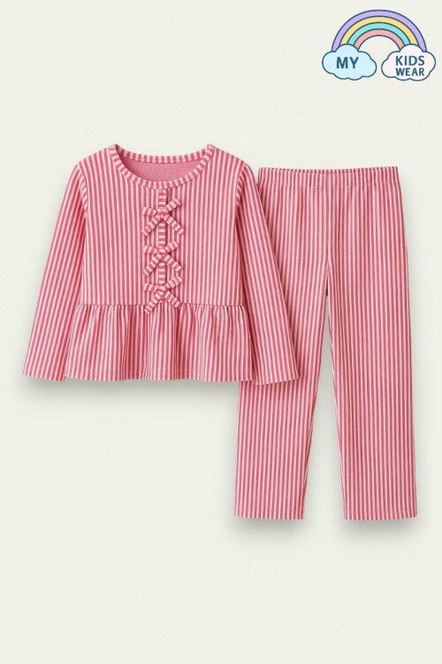 Kız Çocuk Çizgili Fırfırlı Pijama Takımı 5-16 Yaş 12044