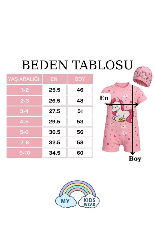 Kız Çocuk Tam Vücut Sırt Fermuarlı Mayo Sevimli Desen Baskılı Boneli Takım