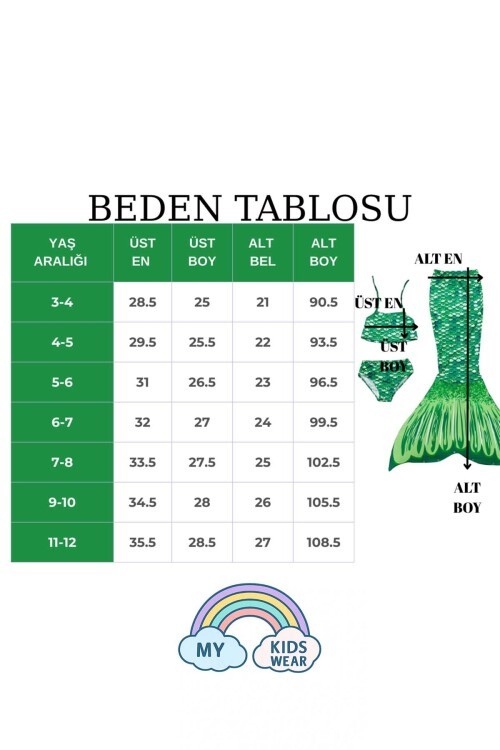 Parlak Renkli Deniz Kızı Mayo Kostümü 3lü Set