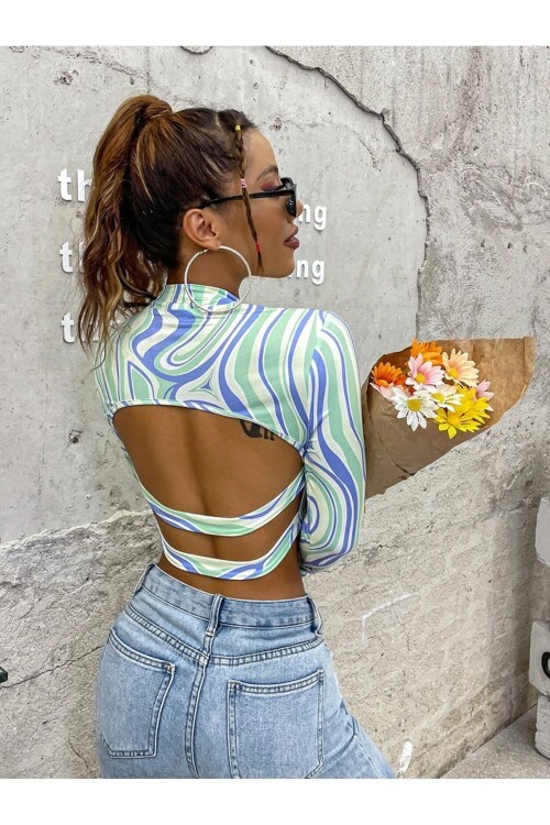 Sırt Dekolteli Bağlamalı Dijital Baskılı Crop