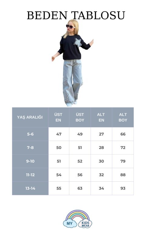 Kız Çocuk 2’li Sweatshirt & Kot Pantolon Takımı – Yıldız Detaylı 12492