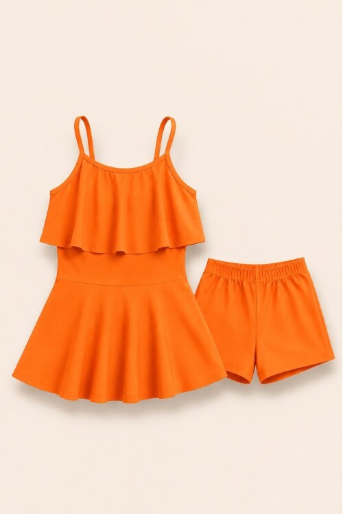 Kız Çocuk Askılı Fırfırlı Elbise ve Şortlu 2li Takım 12924