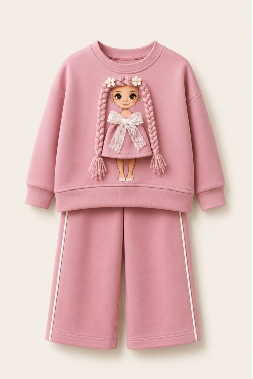 Kız Çocuk Baskılı Sweatshirt ve Bol Paça Pantolonlu 2li Eşofman Takımı 12930