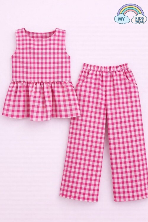 Kız Çocuk Pötikareli Peplum Bluz ve Pantolon Takımı 12691