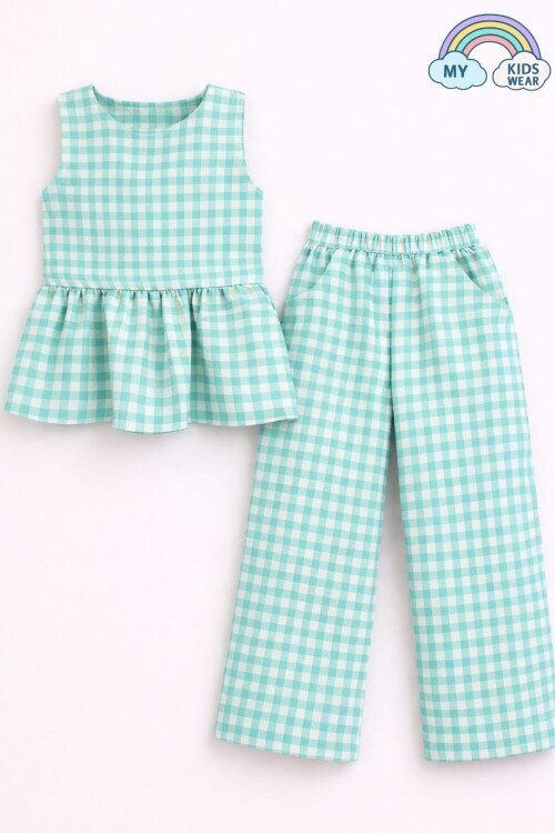 Kız Çocuk Pötikareli Peplum Bluz ve Pantolon Takımı 12692