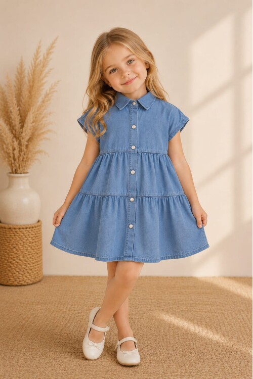 Mia Düğmeli Denim Kız Çocuk Elbise 12833