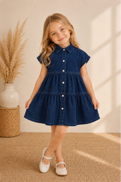Mia Düğmeli Denim Kız Çocuk Elbise 12843