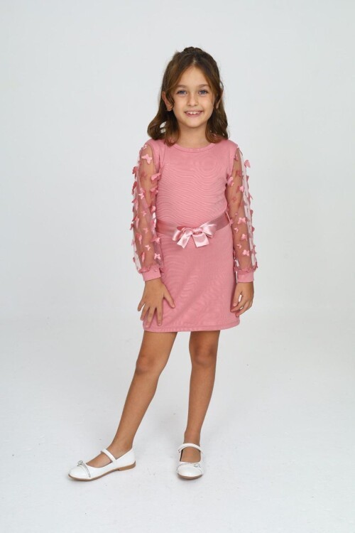 Belden Bağlamalı Tül Detaylı Çocuk Elbise Mykids Collection