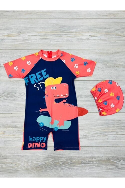 Tatlı Dino Temalı Boneli Erkek Çocuk Mayo Takımı