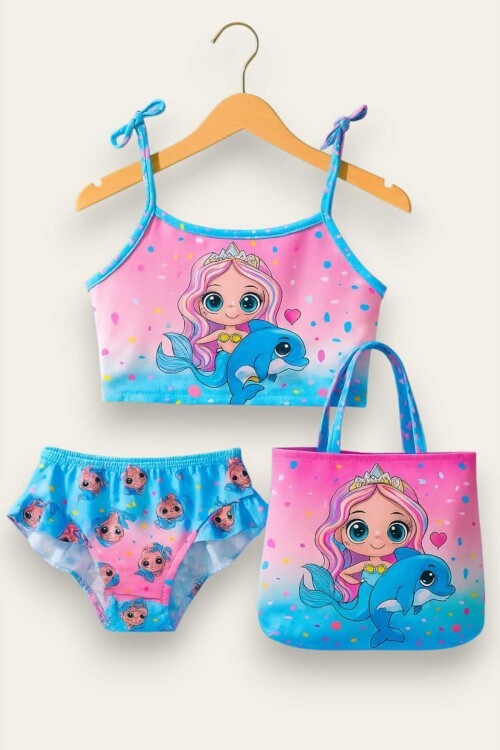 Üç Parça Çantalı Kız Çocuk Fırfırlı Bikini Takım