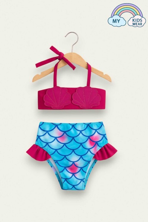 Yeni Sezon  Deniz Kabuğu Figürlü Balık Pulu Desenli  Fırfırlı Kız Çocuk Bikini Takımı