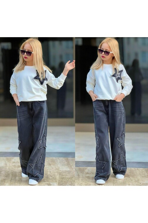 Kız Çocuk 2’li Sweatshirt & Kot Pantolon Takımı – Yıldız Detaylı 12490