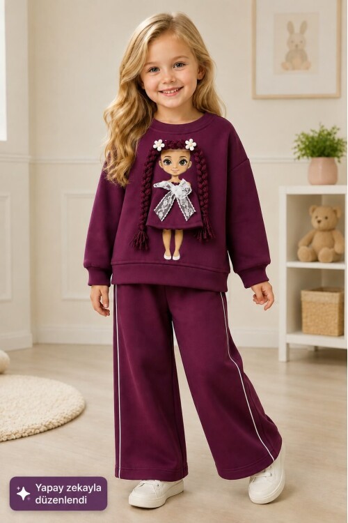 Kız Çocuk Baskılı Sweatshirt ve Bol Paça Pantolonlu 2li Eşofman Takımı 12928