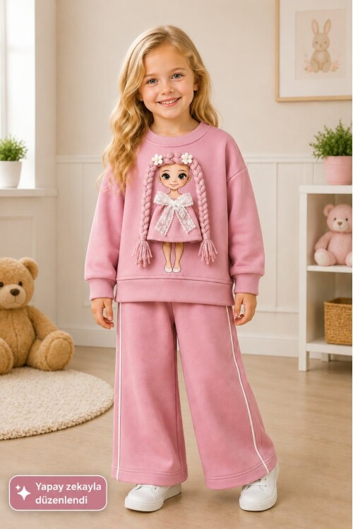 Kız Çocuk Baskılı Sweatshirt ve Bol Paça Pantolonlu 2li Eşofman Takımı 12930