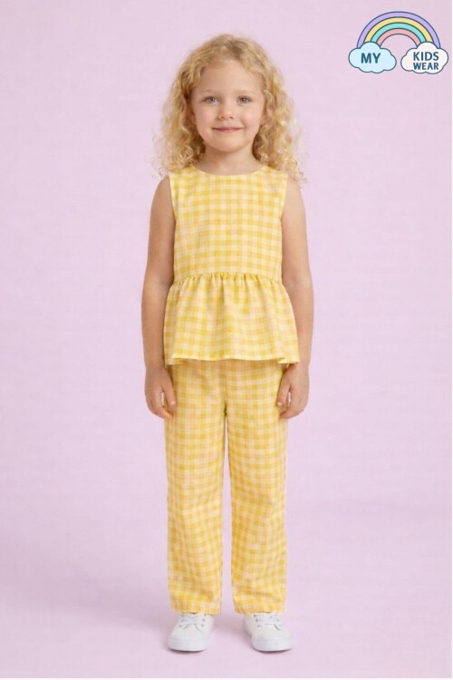 Kız Çocuk Pötikareli Peplum Bluz ve Pantolon Takımı 12690