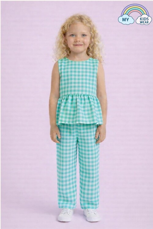 Kız Çocuk Pötikareli Peplum Bluz ve Pantolon Takımı 12692